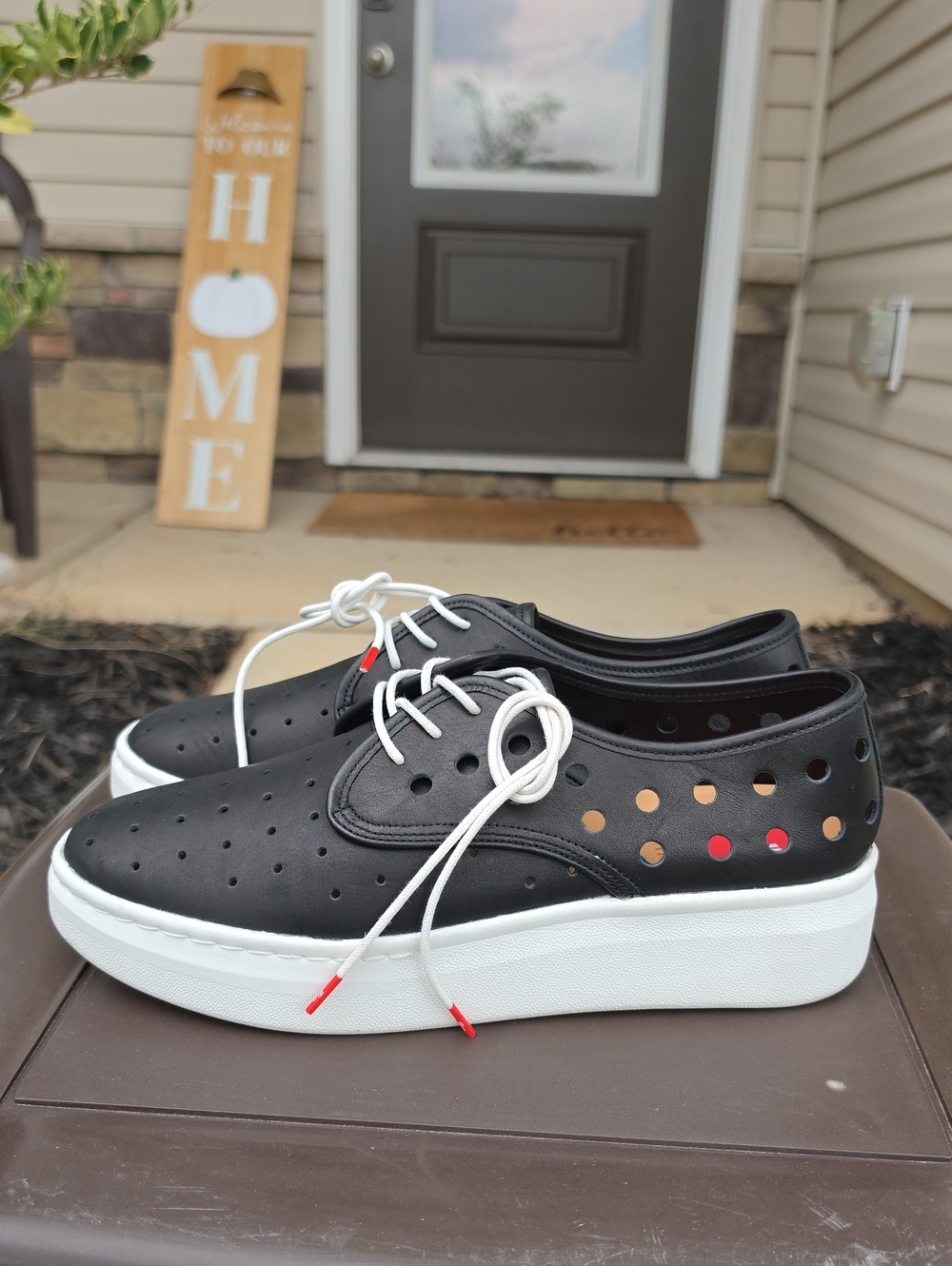 ROLLIE Womens Derby City Circle Size 41 Black Platform Shoes Perforated Leather